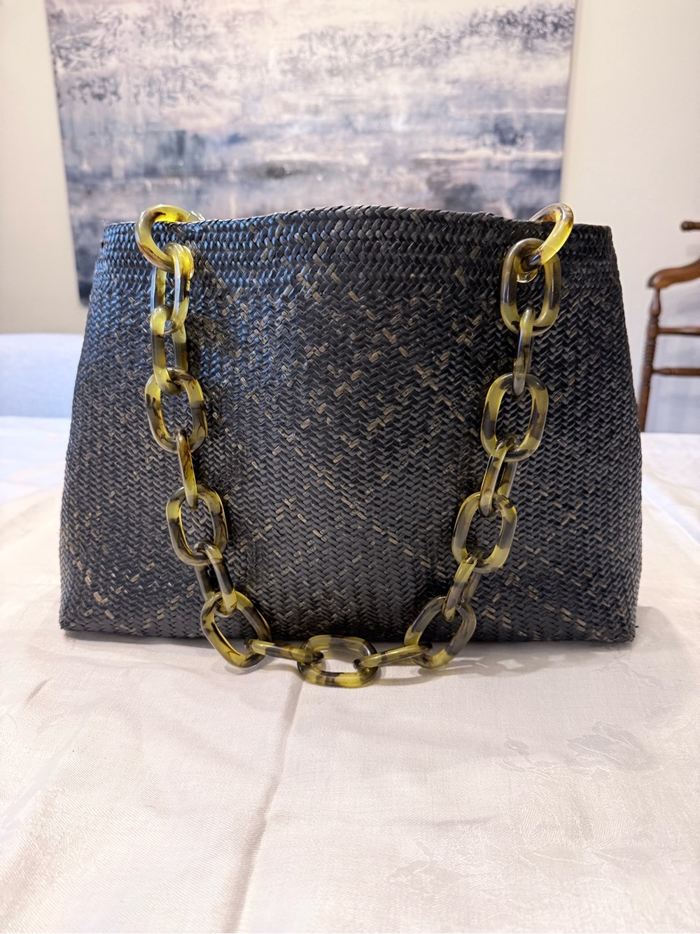Asiaphile Los Angeles Black Straw Bag Purse with Lucite Tortoise Chain Handles